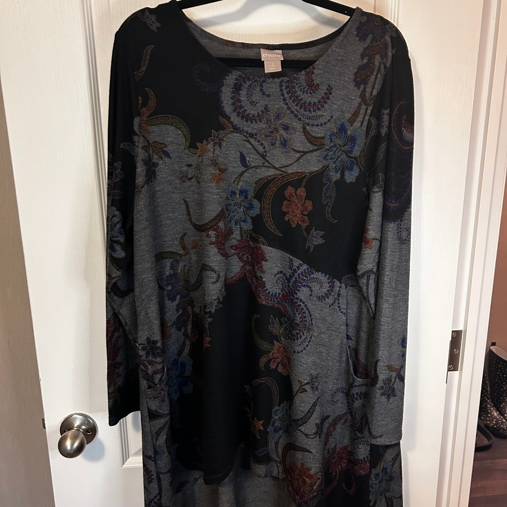 Chicos Black Grey Floral Paisley Print‎ Long Sleeve Tunic Top Size 2 L